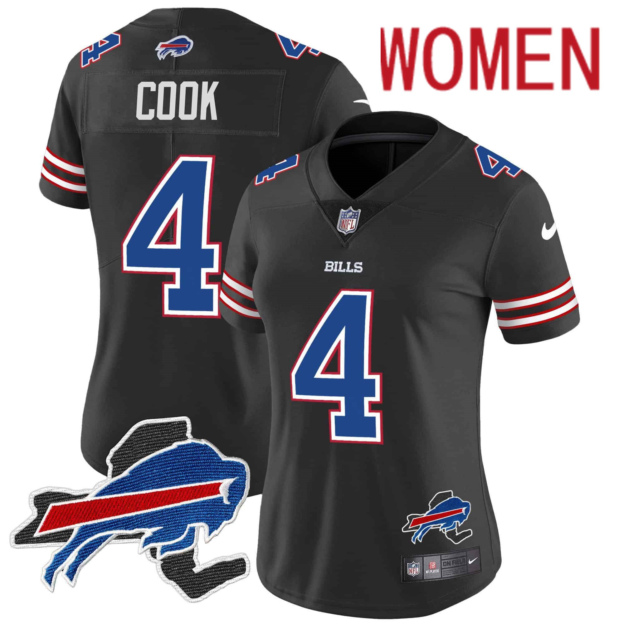 Women Buffalo Bills #4 Cook Black 2024 Nike Patch Vapor Limited NFL Jersey style 1->women nfl jersey->Women Jersey